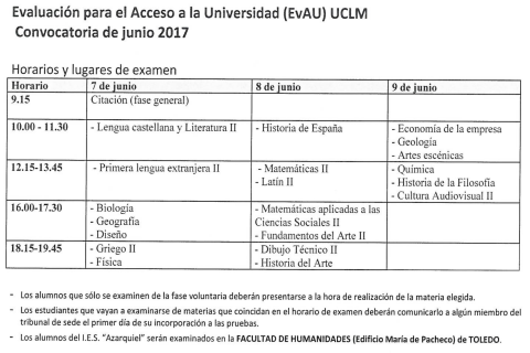 FECHAS DE LA EVALUACION PARA EL ACCESO A LA UNIVERSIDAD EVAU - UCLM. CONVOCATORIA 2017